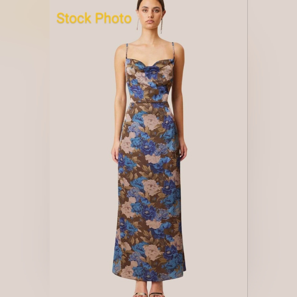 ELLIATT Midi Brown Blue Floral Cowl Neck Erin Dress SAMPLE SIZE Small